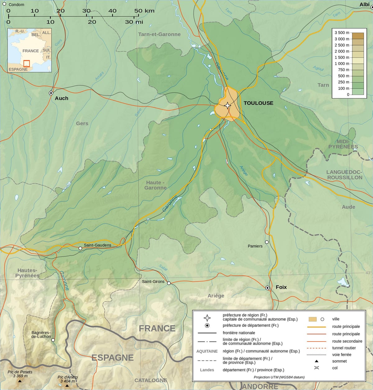 địa hình bản đồ của Toulouse